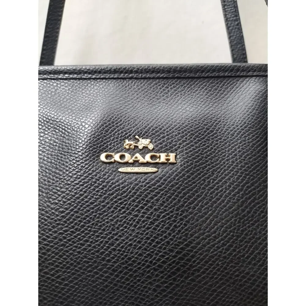 Coach Black Leather Double Handles Zipper Closure Tote Bag